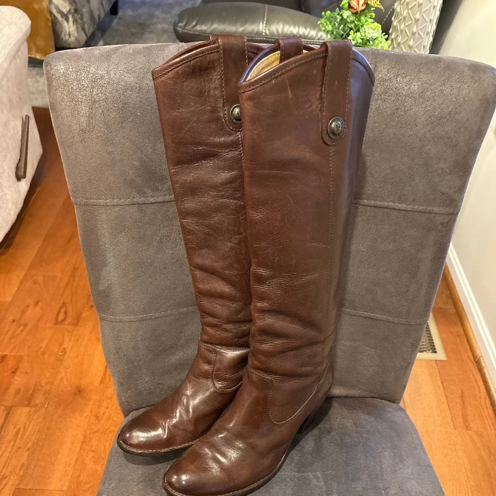 Frye Tall Leather Riding Boots in Brown - Picture 1 of 8